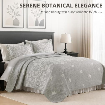 100% Cotton Reversible Floral Quilt Set, Gray, Queen Size, 90x98