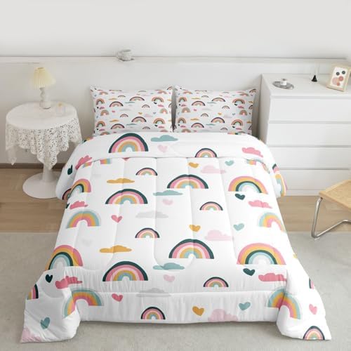 Erosebridal Kids Rainbow Bedding Set, Girly Love Heart Comforter Set Twin Size Cartoon Rainbow Cloud Duvet Sets for Girls Boys Women Bedroom Decor, Soft Microfiber Down Comforter 2 Pieces,Colorful