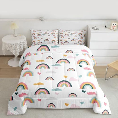 Erosebridal Kids Rainbow Bedding Set, Girly Love Heart Comforter Set Twin Size Cartoon Rainbow Cloud Duvet Sets for Girls Boys Women Bedroom Decor, Soft Microfiber Down Comforter 2 Pieces,Colorful