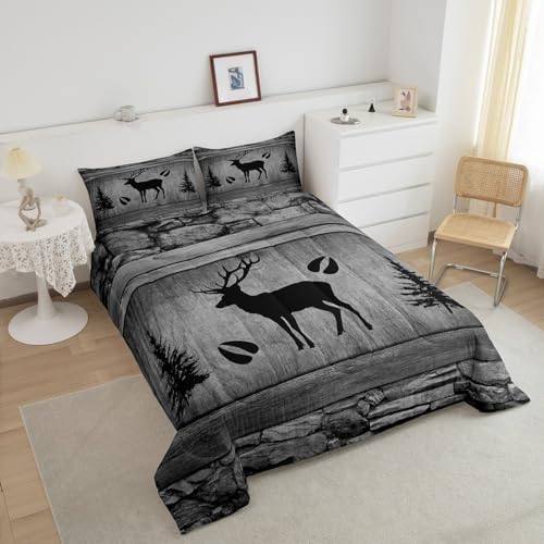 Manfei Rustic Deer Comforter Set Twin Size, Black Trees Deer Paw Print Bedding Set 2pcs for Kids Boys Teens Room Decor, Grey Wooden Plank Down Comforter Wild Animal Quilt Set with 1 Pillowcase