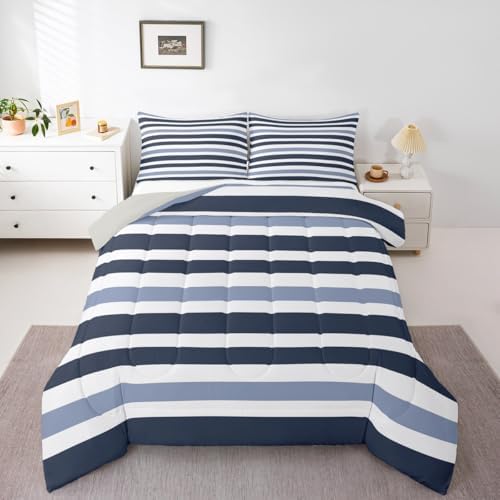 Homewish Stripe Art Comforter Set King Size,Blue and Navy Blue Bedding Sets 3Pcs for Kids Girls Boys Women Room Decor,Modern Simple Quilted Duvet Abstract Stripes Down Comforter,2 Pillowcases