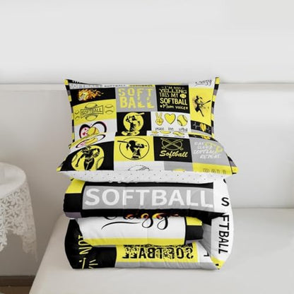 Castle Fairy Softball Plaid King Size Comforter Set Kids Sports Theme Decor All Season Bedding Set for Girls Teens Yellow Black Gray Comforter Sports Softball Decor Quilt Set Bedroom Collection 3Pcs