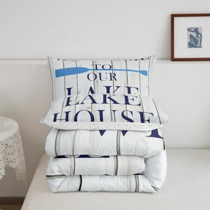 Lake House Comforter Set Full Size, Cabin Rustic Farmhouse Style Bedding Set 3pcs, Grey Wooden Plank Lake Themed Down Comforter for All Season, Kids Boys Girls Room Decor, 2 Pillowcases, No Sheets