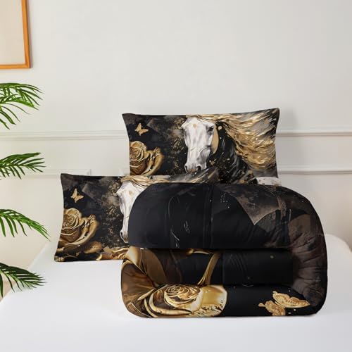White Horse Style Comforter Set Twin Size，Gold Rose Floral Bedding Sets Twin，Butterfly Quilt Pattern，Western Bedroom Decor