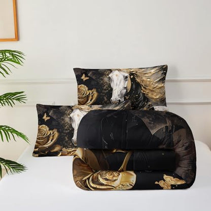 White Horse Style Comforter Set King Size，Gold Rose Floral Bedding Sets King，Butterfly Quilt Pattern，Western Bedroom Decor