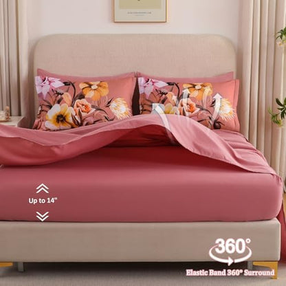 Luxudecor Floral Comforter Set Queen Size 7 Piece, Dusty Flower Bed in a Bag, Elegant Floral Comforter Bed Set with Sheet Set, Soft Microfiber Bedding Set for All Season (90"x90")