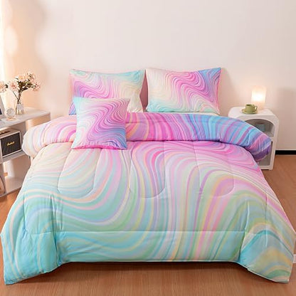 4 Pcs Girls Full Bedding Set, Tie Dye Superior Teen Comforter Sets, Pink Rainbow Full Bedding Set for Girls