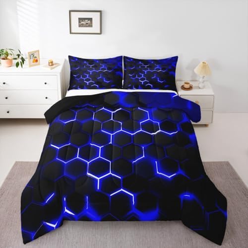 Erosebridal Honeycomb Comforter Set Neon Light Geometric Bedding Set Full for Kids Boys Teens,Hexagonal Bedding Comforter Sets Soft Microfiber Quilt Set 2 Pillow Cases Blue Black Room Decor