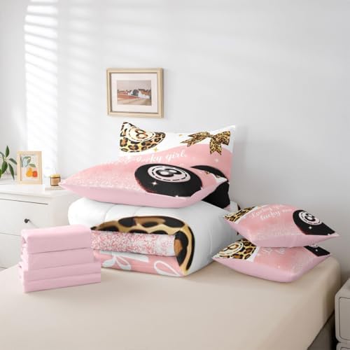 Funky Lucky 8 Ball 7 Piece Comforter Set Queen Size Bow Bedding Set For Girls Preppy Leopard Print Bowknot Bed In A Bag Coquette Room Decor,Fashion Trendy Y2K Bed Set,Pink Aesthetic Glitter Print