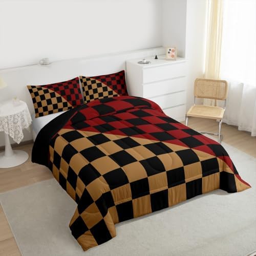 Checkered Retro Bedding Set for Boys Girls Modern Geometric Cute Comforter Set Full Size Brown Red Duvet Quilt Vintage Simple Groovy Aesthetic Bedroom Decor 3 Pcs with 2 Pillow Cases