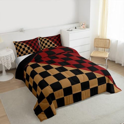 Feelyou Checkered Retro Bedding Set for Boys Girls Modern Geometric Cute Comforter Set Queen Size Brown Red Duvet Quilt Vintage Simple Groovy Aesthetic Bedroom Decor 3 Pcs with 2 Pillow Cases