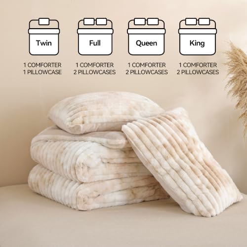 Smoofy Fluffy King Size Comforter 3 PCS - Tie Dye Beige Fleece Bedding Set