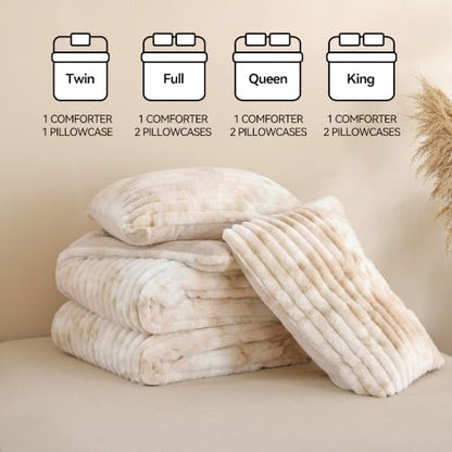 Smoofy Fluffy King Size Comforter 3 PCS - Tie Dye Beige Fleece Bedding Set