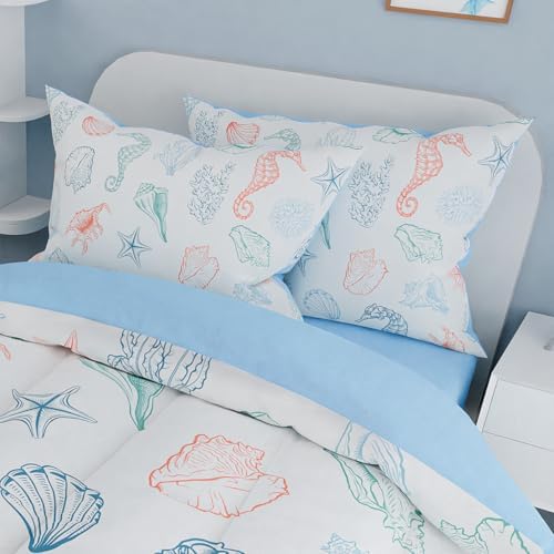 Kids Bedding Set for Girls Boys, Ultra Soft Microfiber Comforter Set Full Size with 4-Pieces, Seashell Ocean Comforters Bed Sets for Kid Children Teen Tween Bedroom Decor