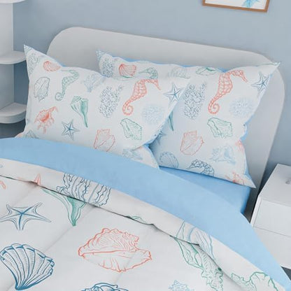 Kids Bedding Set for Girls Boys, Ultra Soft Microfiber Comforter Set Full Size with 4-Pieces, Seashell Ocean Comforters Bed Sets for Kid Children Teen Tween Bedroom Decor