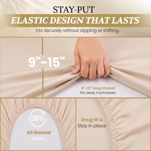 Twin XL Cotton Knit Jersey Sheet Set, 15" Deep Pocket, Beige, 3PC