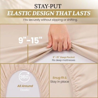 Full XL 100% Cotton Jersey Knit Sheet Set, 4PC, 15" Deep Pocket, Beige