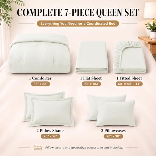 CozyLux Queen Comforter Set Ivory, 7 Pieces Bed in a Bag