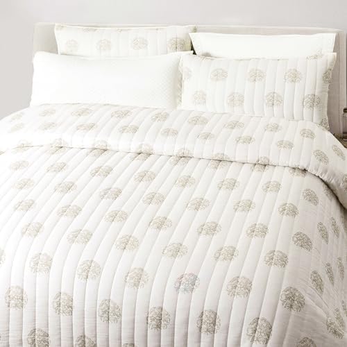 Wonderful Cotton Gauze Quilt Set Queen Size Off White Floral Bed Cover for All Season, Reversible Voile Quilt Bedding Sets with Pillow Shams for Queen Bed, Floral Bedspread Coverlet Set