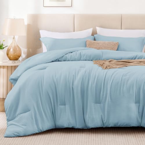Love's cabin Light Blue Full Comforter Set, 3-Piece Prewashed Bed Set