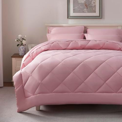 ELNIDO QUEEN® Full Size Comforter Set - 7 Pieces Bed in a Bag Full, Bed Set for All Seasons, Ultra Soft Blush Pink Bedding Sets with Comforter, Flat Sheet, Fitted Sheet, Pillowcases and Pillow Shams