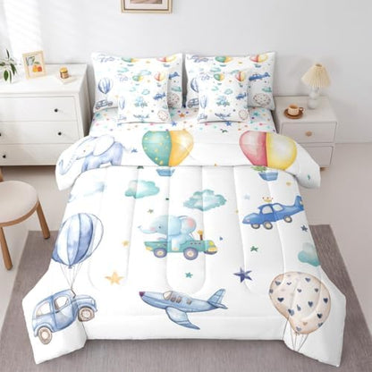 Erosebridal Colorful Hot Air Balloon Full Comforter Set with Sheets, Cute Airplane Aircraft 7 Pcs Bedding Set for Boys Kids Adults Girls, Cartoon Car Lovely Heart Bed in A Bag, Star Print Bed Sets
