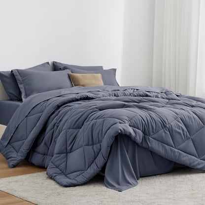 Love's cabin Full Comforter Set Navy Blue, 7 Pieces Full Bed in a Bag, All Season Bedding Sets with 1 Comforter, 1 Flat Sheet, 1 Fitted Sheet, 2 Pillowcase and 2 Pillow Sham
