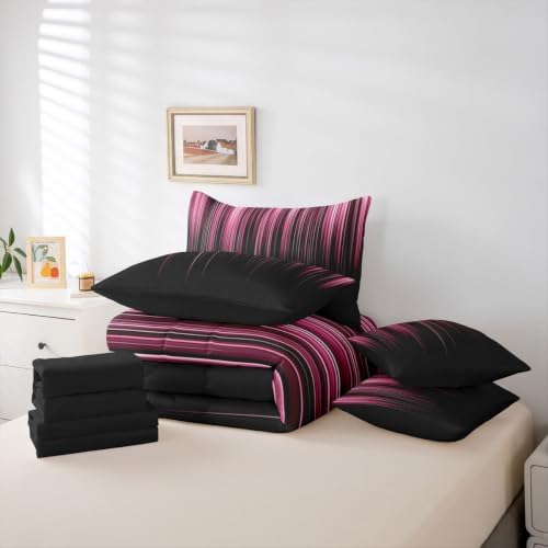 Feelyou Neon Pink Comforter Set with Sheets 7 Piece Full Size