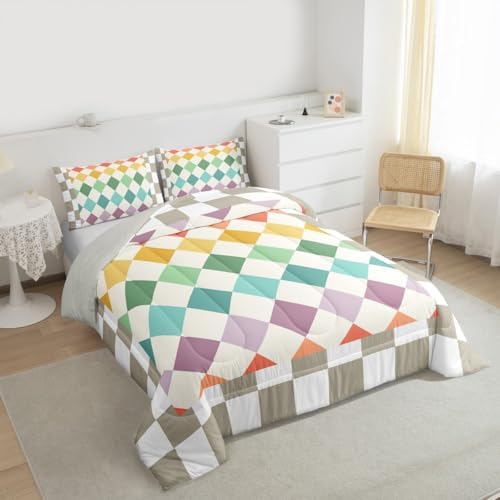 Checkered Geometric Bedding Set for Boys Girls Green Yellow Beige Brown Plaid Comforter Set Full Size Checkerboard Modern Aesthetic Duvet Quilt Reversible Grey Bedroom Decor 3 Pcs with 2 Pillow Cases
