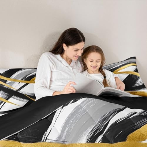 jejeloiu Black Gold Comforter Set Geometric Bedding Set Full Size 3 Pcs