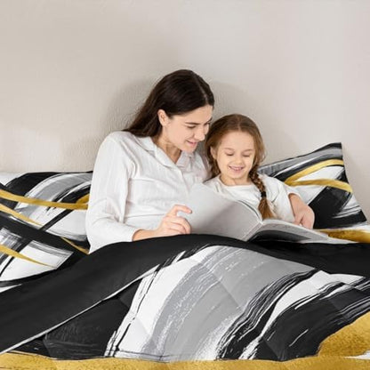 jejeloiu Black Gold Comforter Set Geometric Bedding Set Full Size 3 Pcs