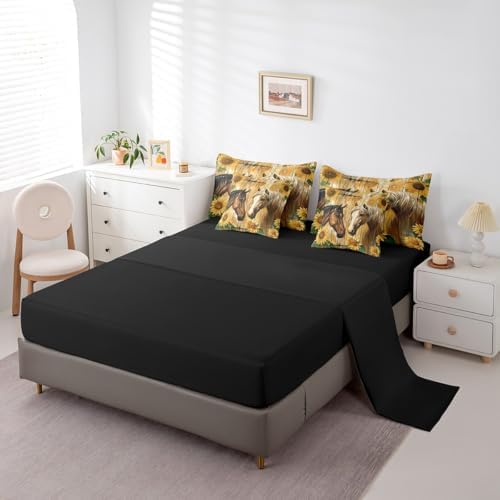 Erosebridal Couple Horse Bedding Set Twin,Sunflower Farm Animals Comforter Set,Rustic Farmtyle(Comforter+Fitted+Flat Sheet+2 Pillowcases+2 Throw Pillow Covers) 7 Pieces Old Wooden Boards Bed Set