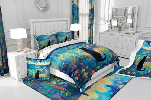 Black Cat Flower Comforter Set Queen Size,Star Moon Blossom Floral Bedding Set for Kids Girls Boys Adults Room Decor,Rustic Style Night Scenery Duvet Insert 3Pcs,Wild Animal Quilt Set,2 Pillowcases