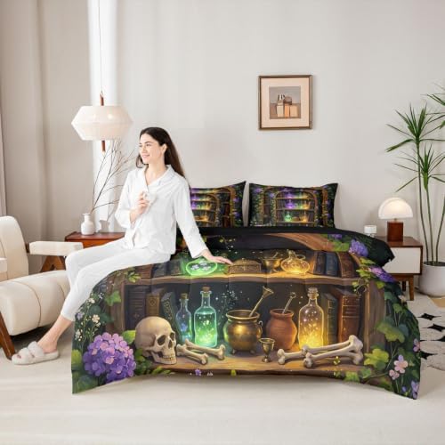 Erosebridal Witchcraft Library 7 Pcs Bedding Set Queen Gothic Bookshelf Skull Comforter Set with Sheets Mysterious Spooky Halloween Bed in a Bag Wizard Antique Bookcase Vintage Bed Sets Comforter