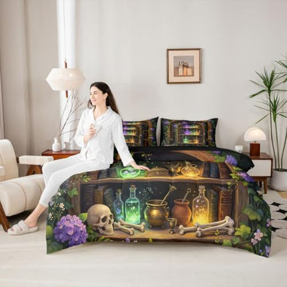 Erosebridal Witchcraft Library 7 Pcs Bedding Set Queen Gothic Bookshelf Skull Comforter Set with Sheets Mysterious Spooky Halloween Bed in a Bag Wizard Antique Bookcase Vintage Bed Sets Comforter