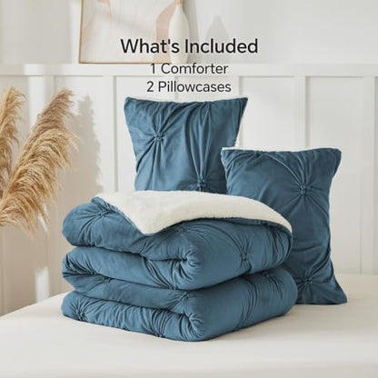 BEDELITE Fluffy Sherpa Twin Comforter Set,Pintuck-Blue Fog