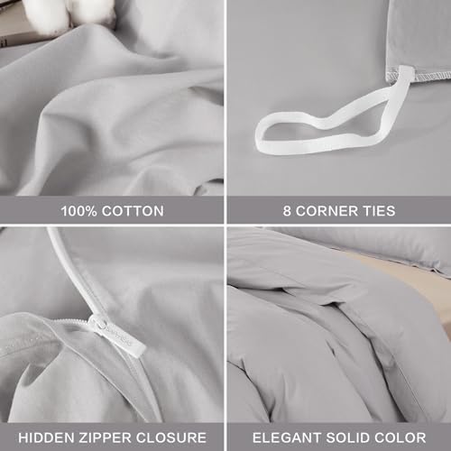 SAPHREAS 100% Washed Cotton Duvet Cover Queen Size Set, Linen Like Comforter Cover with Zipper Closure & Corner Ties (No Comforter), 90x90 Light Grey