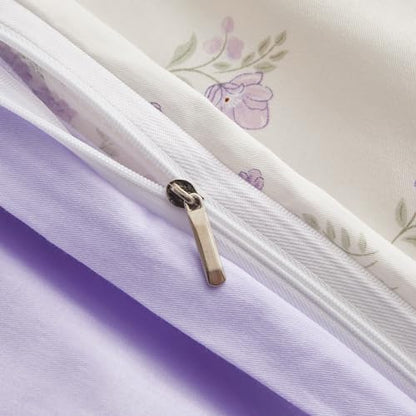 VM VOUGEMARKET Girls Duvet Cover with Purple Flower 100% Cotton Elegant Lavender Floral Bedding Set Queen Cottagecore Comforter Cover Set