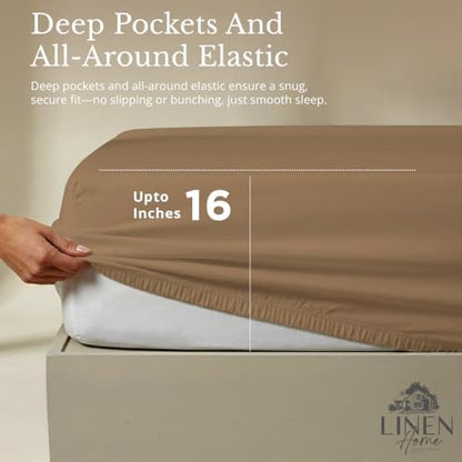 Linen Home 100% Cotton Percale Sheets California King Size, Earthy Brown, Deep Pocket, 6 Pieces Set- 1 Flat, 1 Fitted and 4 Pillowcases, Crisp Cool and Long Staple Strong Bed Linen