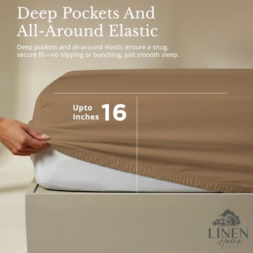 Linen Home 100% Cotton Percale Sheets Twin Size Pack of 2, Earthy Brown, Deep Pocket, 6 Pieces Set- 2 Flat, 2 Fitted and 2 Pillowcases, Crisp Cool and Long Staple Strong Bed Linen