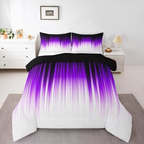 Teens Abstract Ombre Comforter Set Queen Size,Purple Black White Bedding Set for Kids Boys Girls Bedroom Decoration,Gradient Watercolor Bed Duvet Insert,Geometric Comforter with 2 Pillowcases