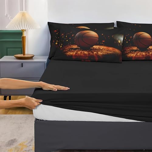 Helloosun 5PCS Basketball Bedding Twin,Boys Sports Comforter Set,Basketball Twin Comforter for Boys,Red and Black Court Bed Set