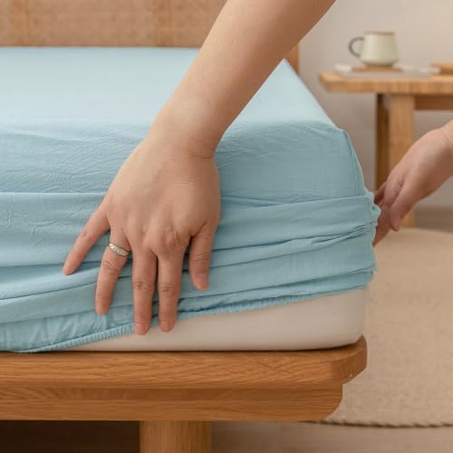 BESTOUCH Sheet Set 100% Washed Cotton Linen Feel Super Soft Comfortable Chic Lightweight 4 Pcs Home Bedding Set Solid Hushed Green Queen