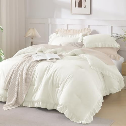 Andency Ivory King Size Comforter Set, 3 Pieces Solid Farmhouse Bedding