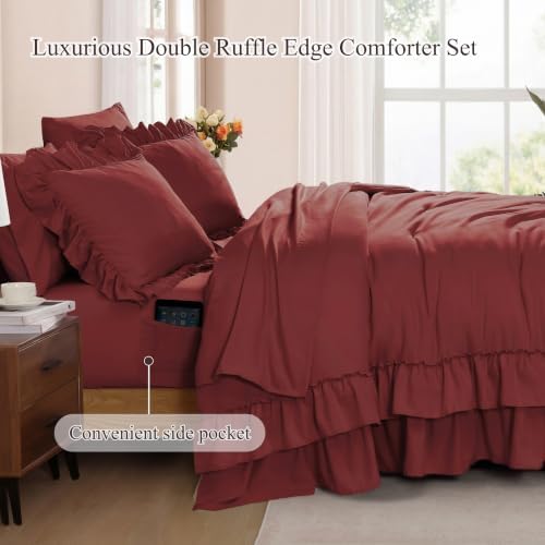 Queen Comforter Set Syrah Red Ruffle 7 Pieces Farmhouse Bed in a Bag