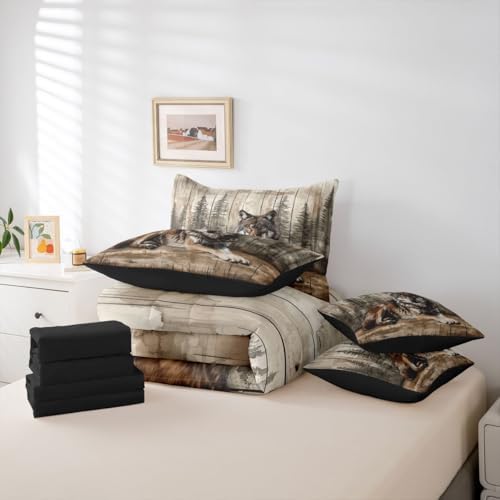 Erosebridal Hunt Wolf Bedding Set Full Hunting Animal Comforter Set 7 Piece Country Jungle Pine Tree Bed in A Bag for Kids Boys Men Rustic Forest Cabin Quilt with Flat Fitted Sheet