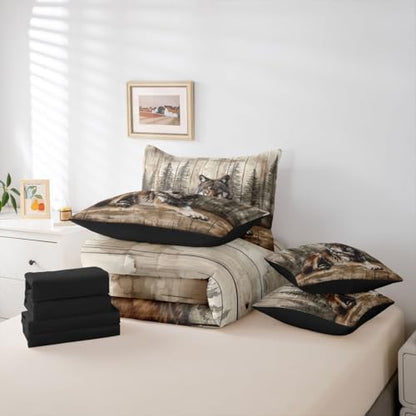Erosebridal Hunt Wolf Bedding Set Full Hunting Animal Comforter Set 7 Piece Country Jungle Pine Tree Bed in A Bag for Kids Boys Men Rustic Forest Cabin Quilt with Flat Fitted Sheet