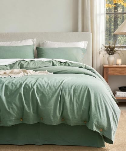 JELLYMONI 100% Washed Cotton Green Duvet Cover Queen, Linen-Like