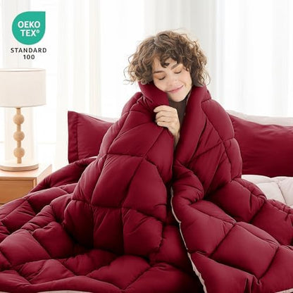MUXHOMO 7 Pieces Oversized King Comforter Set, Reversible Bed in a Bag Oversized King Size, All Season Bedding Set with Comforter, Flat Sheet, Fitted Sheet, Pillowcases & Shams, Burgundy & Rose Gold
