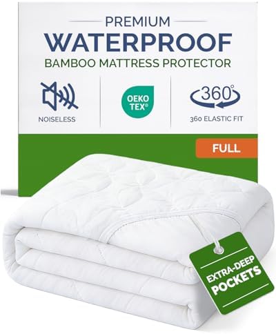 Waterproof Cooling Mattress Protector - Mattress Cover Full Size Bed - Viscose Made From Bamboo - Soft, Breathable, Noiseless & Washable - Fitted Sheet Style & All Round Protection - (54" x 75") White